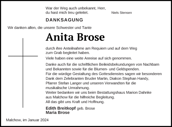 Traueranzeige von Anita Brose von Müritz-Zeitung