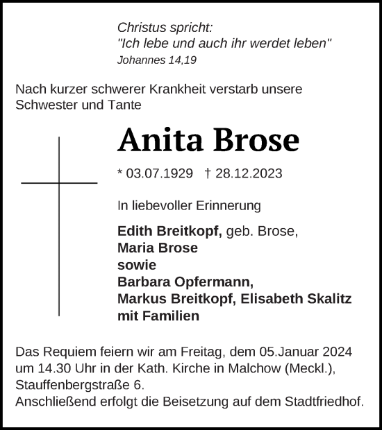 Traueranzeige von Anita Brose von Müritz-Zeitung