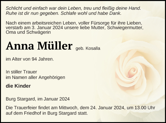 Traueranzeige von Anna Müller von Neubrandenburger Zeitung