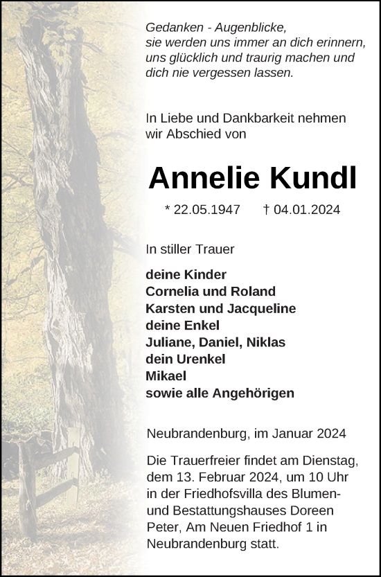 Traueranzeige von Annelie Kundl von Neubrandenburger Zeitung