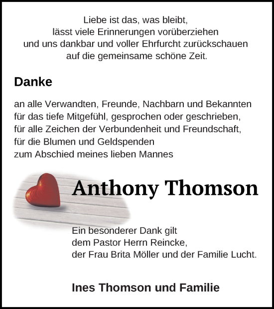 Traueranzeige von Anthony Thomson von Müritz-Zeitung