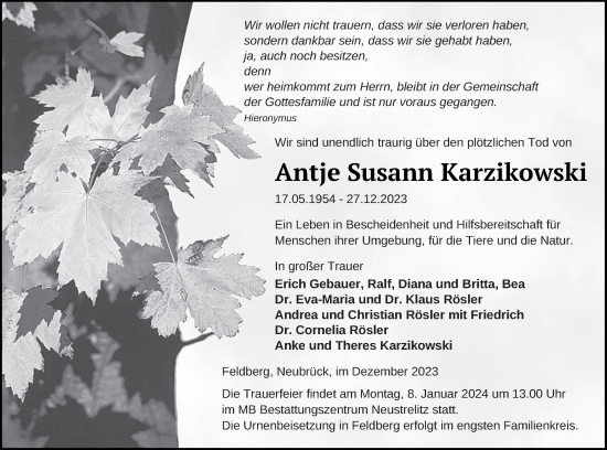 Traueranzeige von Antje Susann Karzikowski von Strelitzer Zeitung