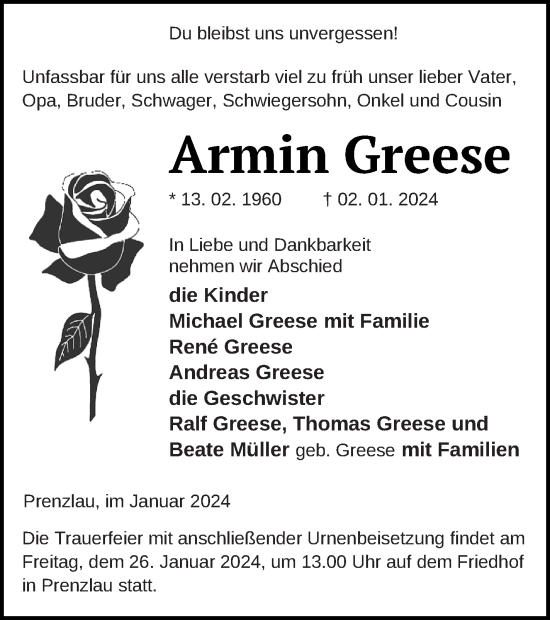Traueranzeige von Armin Greese von Prenzlauer Zeitung
