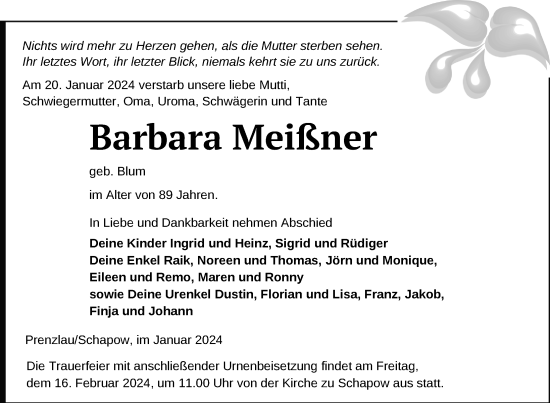 Traueranzeige von Barbara Meißner von Uckermark Kurier   Prenzlauer Zeitung