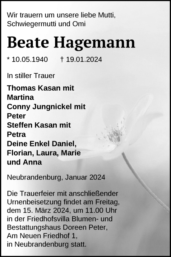 Traueranzeige von Beate Hagemann von Nordkurier Neubrandenburger Zeitung