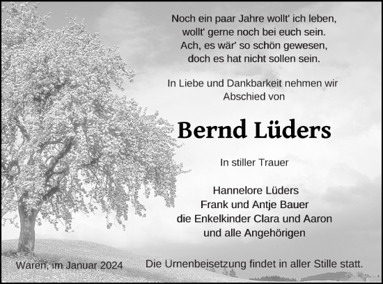 Traueranzeige von Bernd Lüders von Müritz-Zeitung
