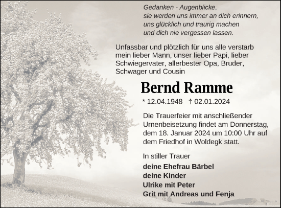 Traueranzeige von Bernd Ramme von Strelitzer Zeitung