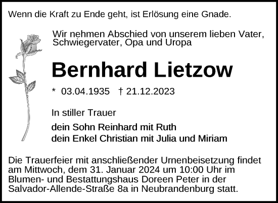 Traueranzeige von Bernhard Lietzow von Neubrandenburger Zeitung