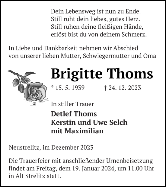 Traueranzeige von Brigitte Thoms von Strelitzer Zeitung