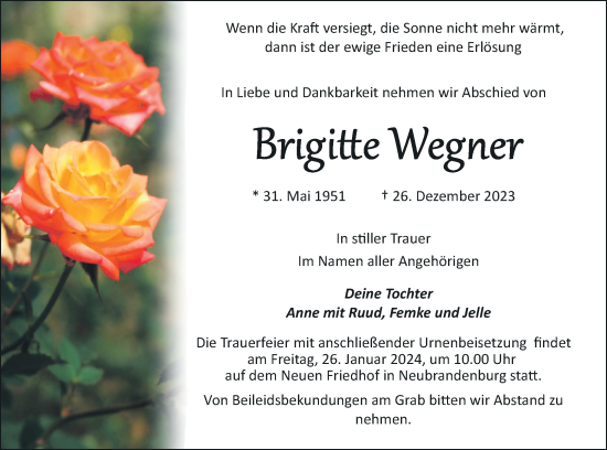 Traueranzeige von Brigitte Wegner von Neubrandenburger Zeitung