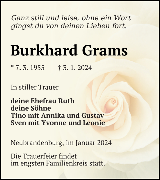 Traueranzeige von Burkhard Grams von Neubrandenburger Zeitung