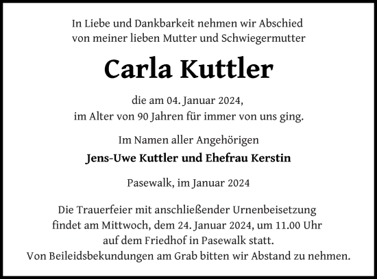 Traueranzeige von Carla Kuttler von Pasewalker Zeitung