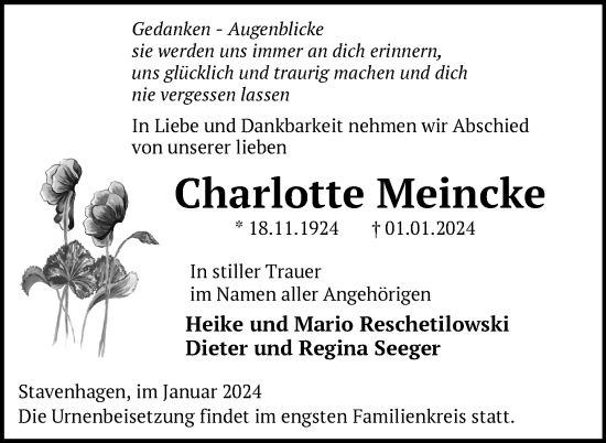 Traueranzeige von Charlotte Meincke von Mecklenburger Schweiz