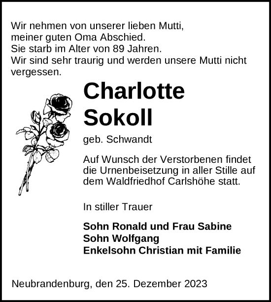 Traueranzeige von Charlotte Sokoll von Neubrandenburger Zeitung