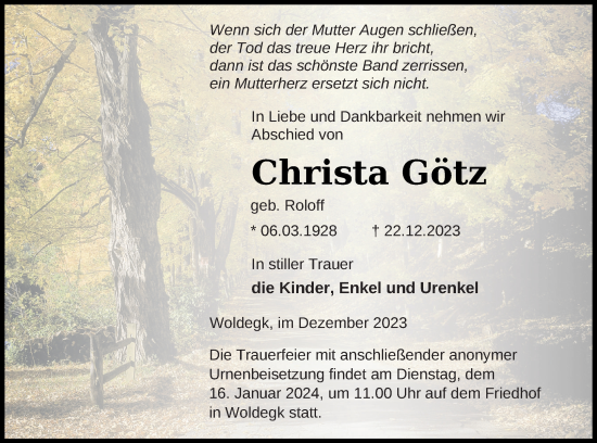 Traueranzeige von Christa Götz von Haff-Zeitung