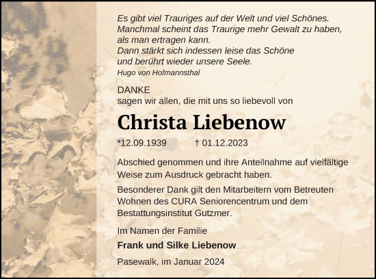 Traueranzeige von Christa Liebenow von Pasewalker Zeitung