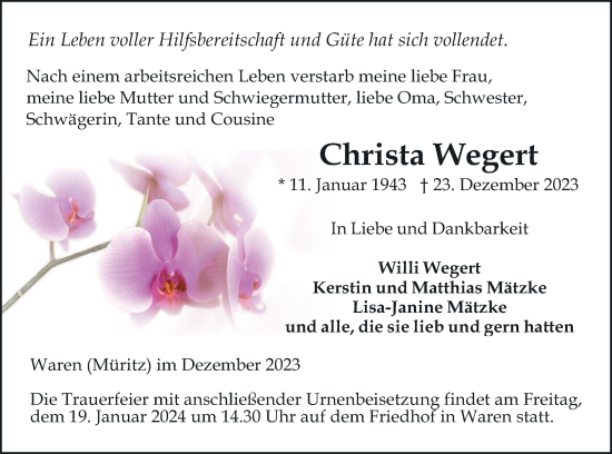 Traueranzeige von Christa Wegert von Müritz-Zeitung