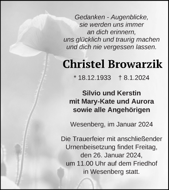 Traueranzeige von Christel Browarzik von Strelitzer Zeitung