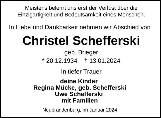 Traueranzeige von Christel Schefferski von Nordkurier Neubrandenburger Zeitung