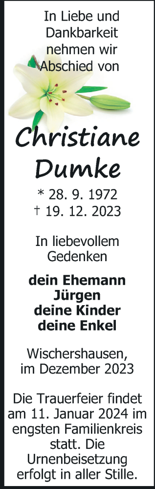 Traueranzeige von Christiane Dumke von Neubrandenburger Zeitung