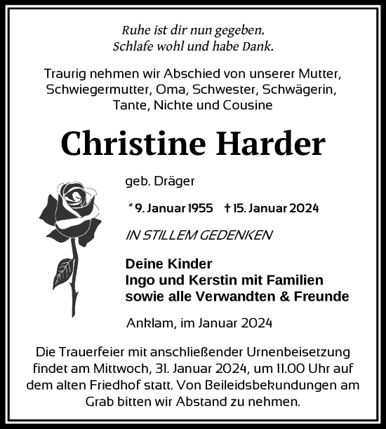 Traueranzeige von Christine Harder von Vorpommern Kurier