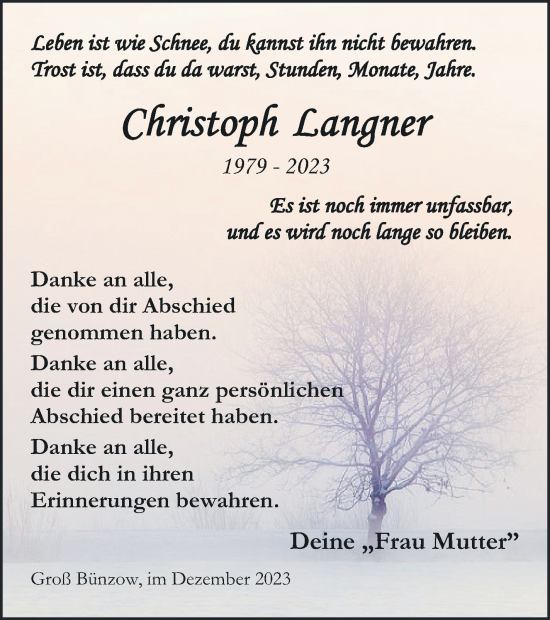 Traueranzeige von Christoph Langner von Vorpommern Kurier