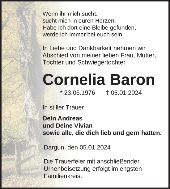 Traueranzeige von Cornelia Baron von Mecklenburger Schweiz