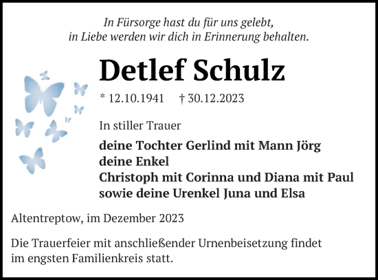 Traueranzeige von Detlef Schulz von Neubrandenburger Zeitung