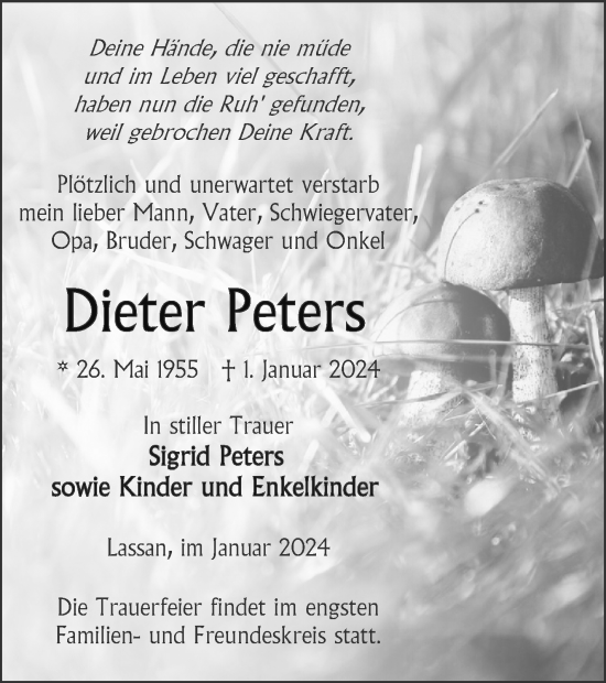 Traueranzeige von Dieter Peters von Vorpommern Kurier