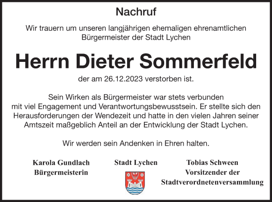 Traueranzeige von Dieter Sommerfeld von Templiner Zeitung