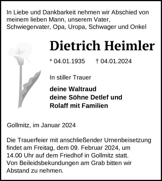 Traueranzeige von Dietrich Heimler von Prenzlauer Zeitung / Uckermark Kombination