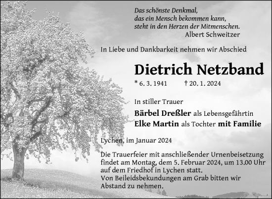 Traueranzeige von Dietrich Netzband von Uckermark Kurier Templiner Zeitung