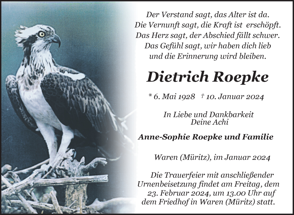  Traueranzeige für Dietrich Roepke vom 19.01.2024 aus Müritz-Zeitung