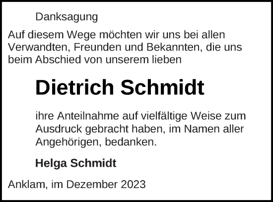 Traueranzeige von Dietrich Schmidt von Vorpommern Kurier