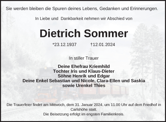 Traueranzeige von Dietrich Sommer von Neubrandenburger Zeitung