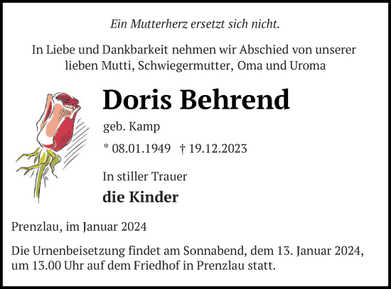 Traueranzeige von Doris Behrend von Prenzlauer Zeitung