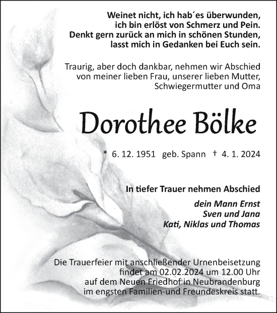 Traueranzeige von Dorothee Bölke von Neubrandenburger Zeitung