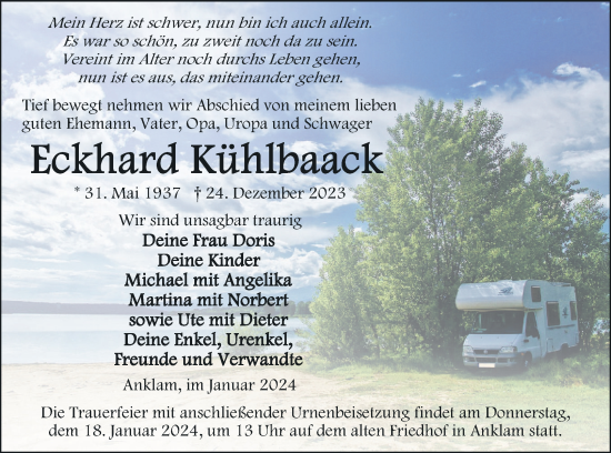 Traueranzeige von Eckhard Kühlbaack von Vorpommern Kurier