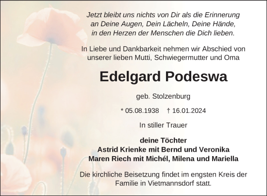 Traueranzeige von Edelgard Podeswa von Uckermark Kombination / Templiner Zeitung