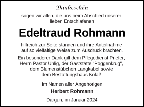 Traueranzeige von Edeltraud Rohmann von Mecklenburger Schweiz