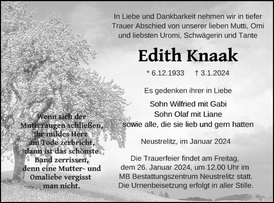 Traueranzeige von Edith Knaak von Strelitzer Zeitung