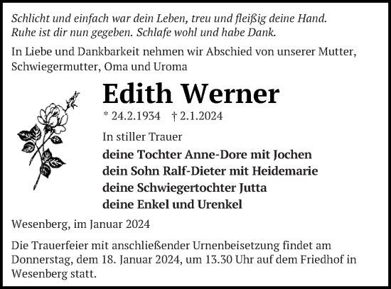 Traueranzeige von Edith Werner von Strelitzer Zeitung