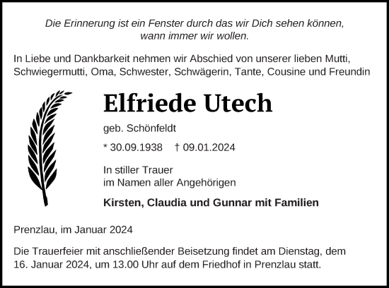 Traueranzeige von Elfriede Utech von Prenzlauer Zeitung