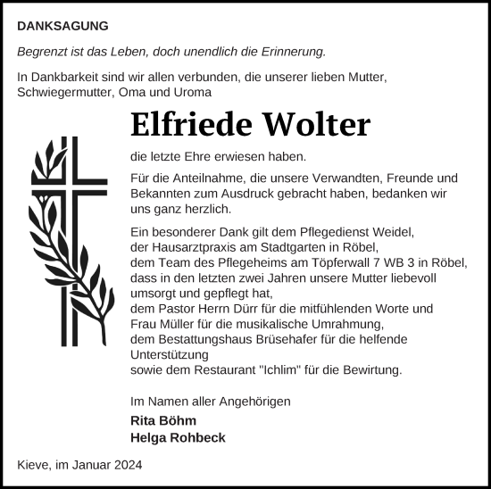 Traueranzeige von Elfriede Wolter von Müritz-Zeitung