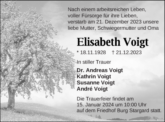 Traueranzeige von Elisabeth Voigt von Neubrandenburger Zeitung