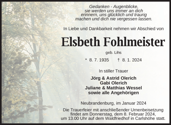 Traueranzeige von Elsbeth Fohlmeister von Neubrandenburger Zeitung / Strelitzer Zeitung