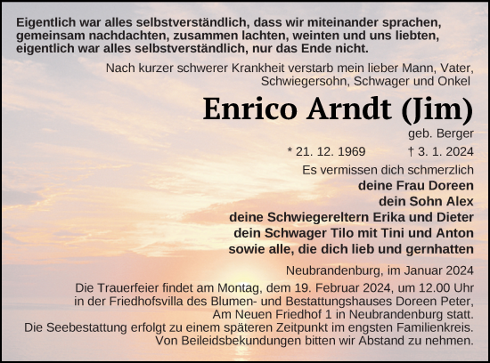 Traueranzeige von Enrico Arndt von Neubrandenburger Zeitung