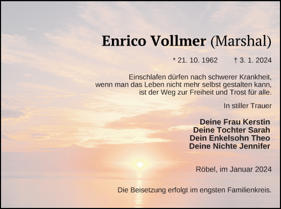 Traueranzeige von Enrico Vollmer von Müritz-Zeitung