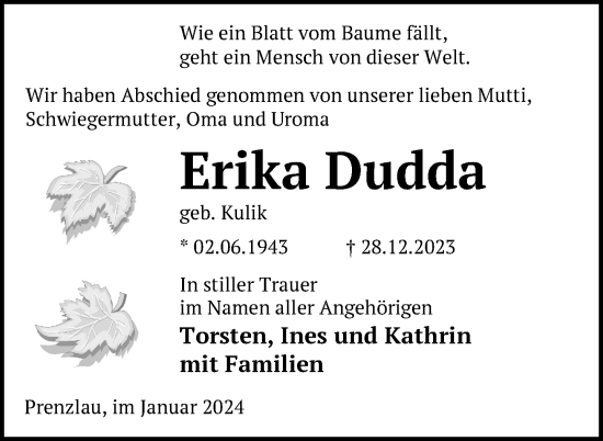Traueranzeige von Erika Dudda von Uckermark Kurier   Prenzlauer Zeitung