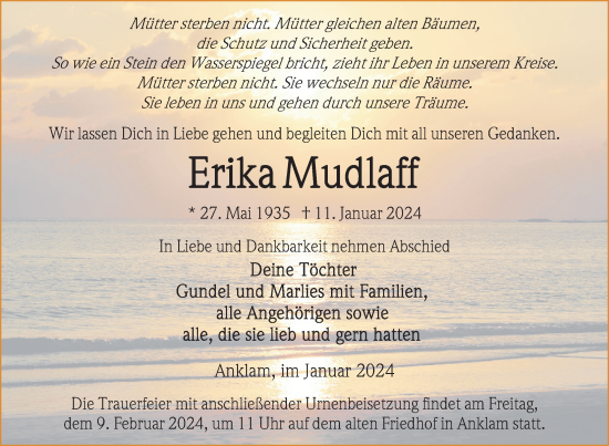 Traueranzeige von Erika Mudlaff von Vorpommern Kurier